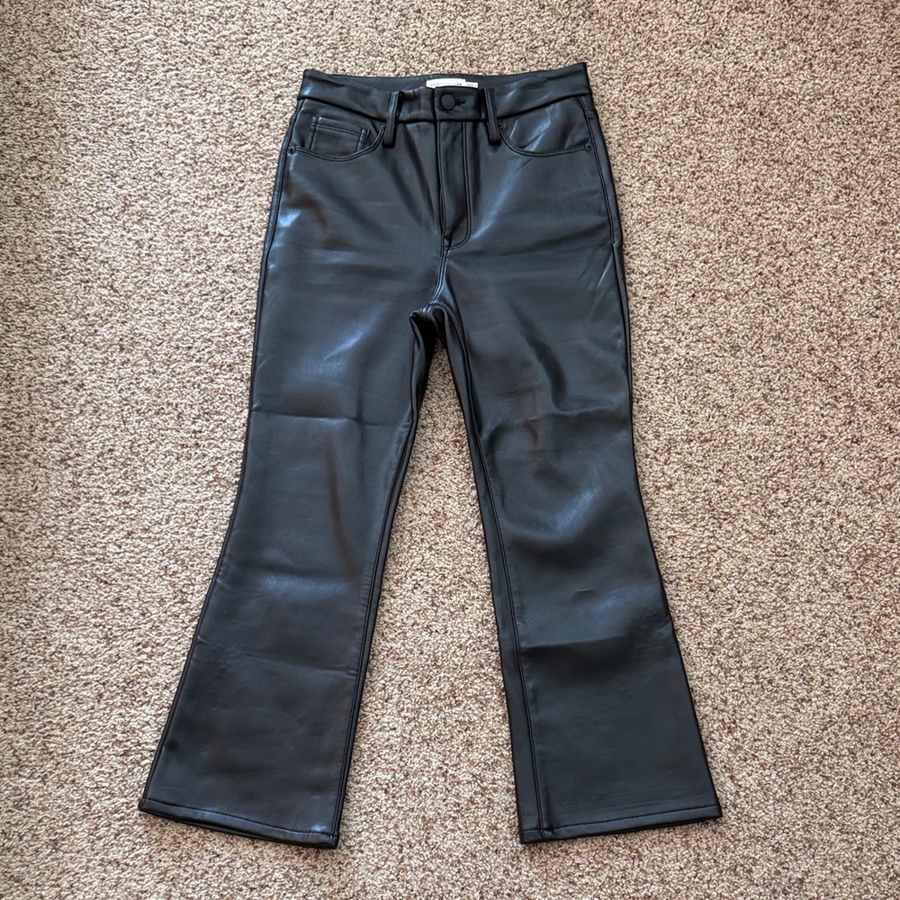 Good American Black Faux Leather Flare Jeans, Cropped